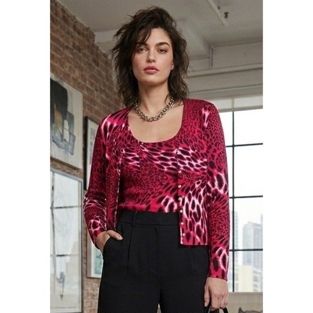 Escio 2 piece Sweater Set Womens Large Red Black Leopard Print Cardigan Tank Top